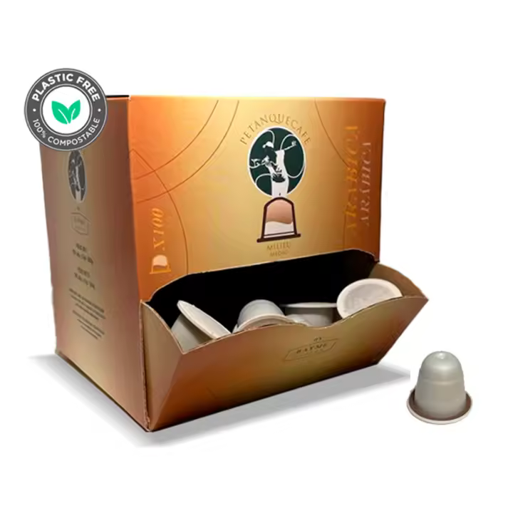 Cápsulas de café PETANQUECAFE Medio 100% Arábica, caja 100 uds. Cápsulas de café Compostables compatibles con Nespresso.  ¡Un café con mucho juego! Cápsulas de café Petanque Café 100% ARABICA - 1