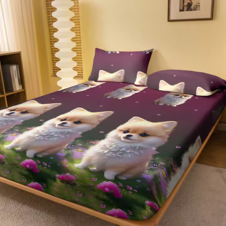 Sábana De Cama Con Patrón De Perro Pomeranian 100% Poliéster Tapete De Cama Con Diseño De Mascota Para Dormitorio - 1