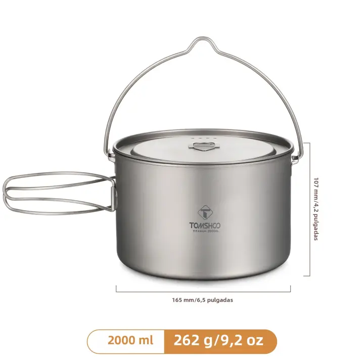 TOMSHOO Cocina De Camping Con Olla De Titanio Ultraligera Con Tapa Y Mango Plegable Para Cocinar Al Aire Libre Disponibles En 0.75L/0.9L/1.1L/1.6L/2L/2.8L - 1