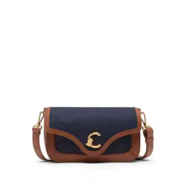 Bolso de hombre median Coccinelle C-Me Denim en tejido Azul denim y piel color coñac E1T1Q120301 _ 377 - 1