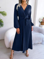 Vestido Largo Elegante Para Mujer Con Cuello En V Manga Larga Pleated Maxi Con Cinturón Estilo Casual De Pierna Larga - details 38