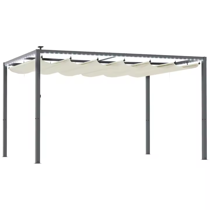 Outsunny Pérgola de Aluminio con Luces LED 4x3 m Cenador de Jardín Gazebo con Solares Techo Retráctil Impermeable Anti-UV Pabellón para Patio Terraza Crema y Gris - 1