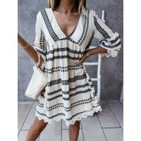 Vestido De Verano Para Mujer Con Cuello En V Y Lantejuelas Manga Larga Impresión Casual Vestido De Vacaciones De Pierna Larga - details 2