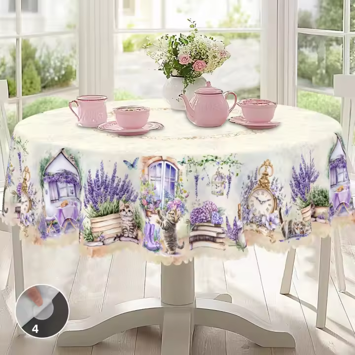 Mantel Redondo De Lino De Lavanda Con Estampado De Gato Lindo 5 Tamaños Disponibles Decoración Elegante Para Mesa Del Jardín Y Cocina Para Uso Diario En Casa Y Terraza Decoración De Primavera Y Verano - 1