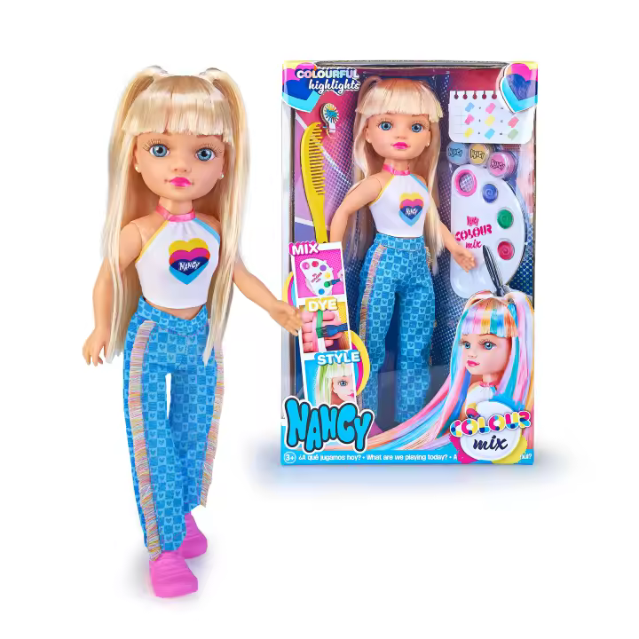Nancy Colour Mix, Muñeca Fashion que Incluye un Kit de 3 Acuarelas, Crea Nuevos Colores y Añade Mechas al Cabello con el Pincel, Numerosos Peinados con Coleteros y Peine Incluidos, Famosa (NAC92000) - 1