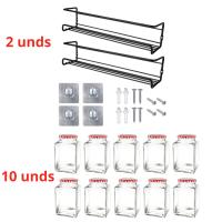 MundoTarros - 2 Especieros Negros de Metal + 10 Botes Cuadrados de Cristal de 120 gramos de capacidad con Tapas Metálicas - Estante Colgante de Metal para Condimentos con 10 Tarros de Cristal - details 0
