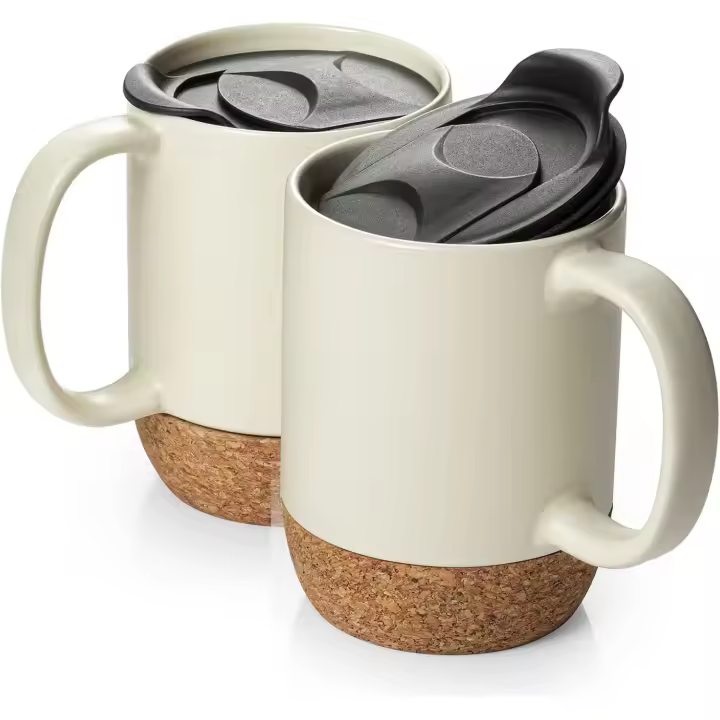 Juego de 2 Tazas de café de 15 oz, Taza Grande de Cerámica para Café with Fondo de Corcho y tapa a prueba de derames para mamá y Papá, Taza grande para Café, café Con Leche y té, color beige - 1