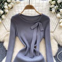 Vestido Corto Tejido Y2K Para Mujer Con Botones Cuello En V Diseño De Corbata Slim Para Oficina Estilo Chic Temporada Otoño - details 17