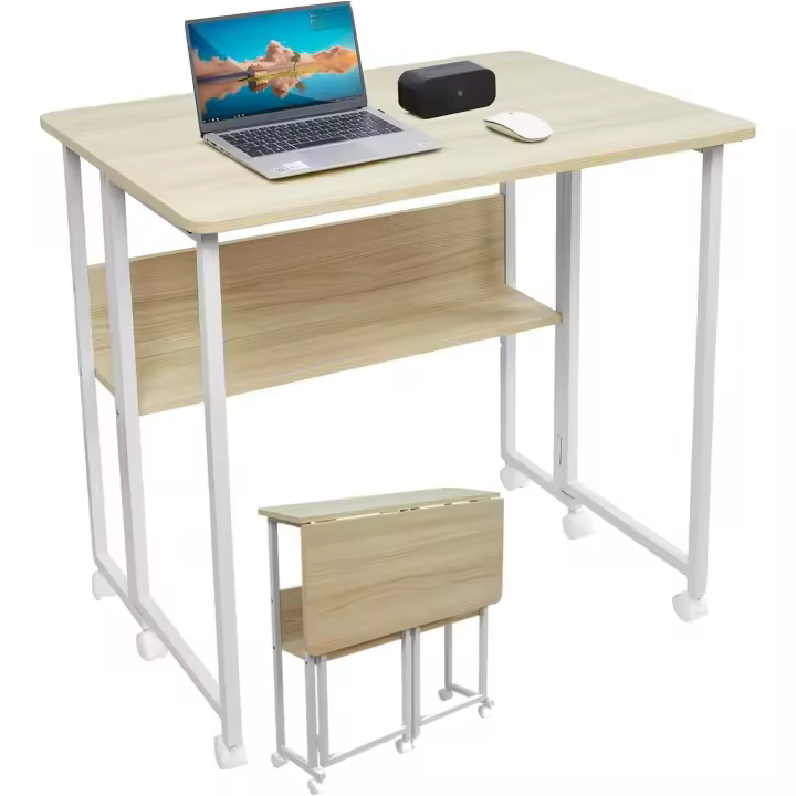 Mesa Escritorio Plegable con Ruedas y Almacenamiento, Mesa Plegable de Pequeño Espacio para Estudio, Casa Oficina, Computadora Manualidades - 1