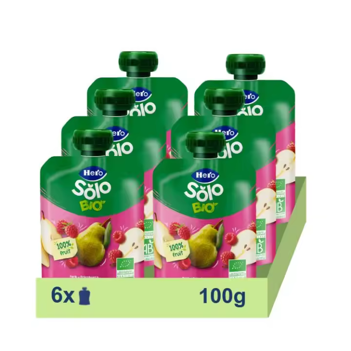 Hero Solo pack de bolsitas bio Pera y Frambuesa 100% ecológicas. Para bebés desde 4 meses. 6x100g - 1