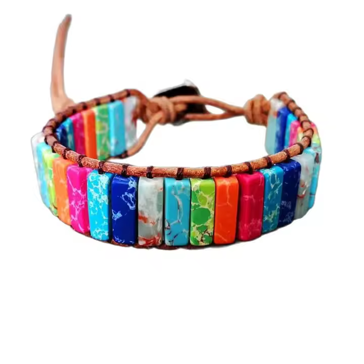 Pulsera Bohemia Multicolor De Piedra Emperador 7 Chakras Hecho De Piedras Rectangulares Y Cordón De Cuero Joyería Para El Pulgar - 1