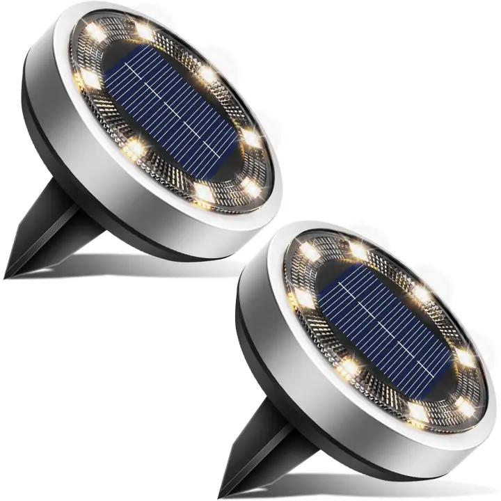 2 Paquetes Luces Solares LED Exterior Jardin Suelo, 8 LED Luz Solar Exterior Jardin, IP65 Impermeable Lamparas Solares Camino, Césped, Patio (Blanco Cálido) - 1