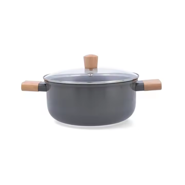 Cacerola de aluminio estampado gris Bidasoa Mia - Tamaños 20, 24 y 28 cm - Fondo inducción y tapa de vidrio con salida de vapor - Asas y pomo de madera - Antiadherente cerámico libre de PFAS - 1