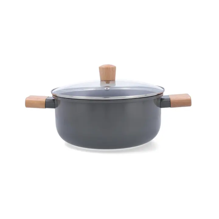 Cacerola de aluminio estampado gris Bidasoa Mia - Tamaños 20, 24 y 28 cm - Fondo inducción y tapa de vidrio con salida de vapor - Asas y pomo de madera - Antiadherente cerámico libre de PFAS - 1