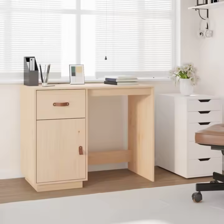 vidaXL Escritorio de madera maciza de pino 95x50x75 cm en color Negro/Natural/Marrón miel | estructura resistente ideal para salón dormitorio o estudio - 1