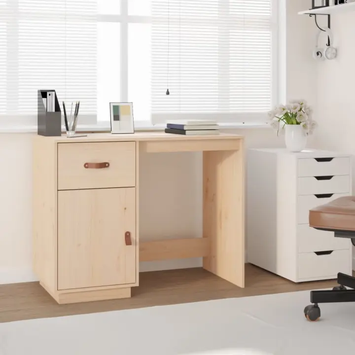 vidaXL Escritorio de madera maciza de pino 95x50x75 cm en color Negro/Natural/Marrón miel | estructura resistente ideal para salón dormitorio o estudio - 1