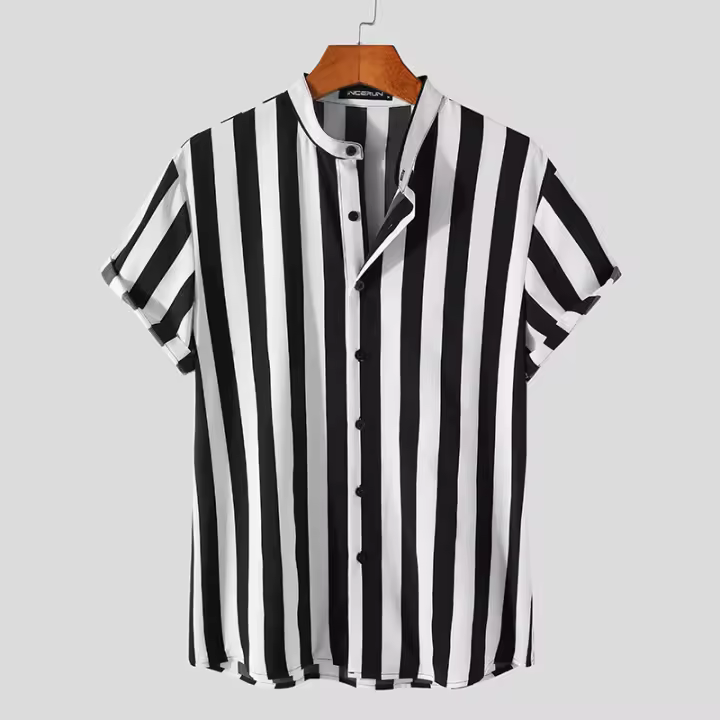 Blusa De Botones Para Hombre INCERUN Estilo Casual Verano Camisas De Punto Con Cuello Erguido Manga Corta Estampado Rayado Tallas Hasta 5XL - 1