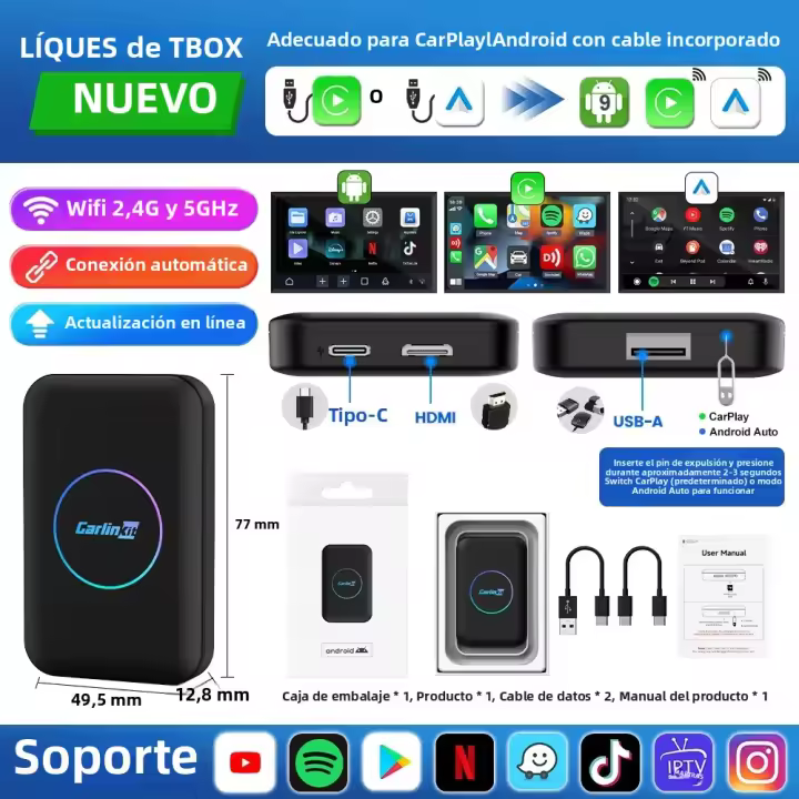 CarlinKit Smart TV Box Carplay Y Android Auto 2+32G AI Mini Adaptador Inalámbrico 3 En 1 Para Netflix Y Youtube Compatible Con iPhone Y Android - 1