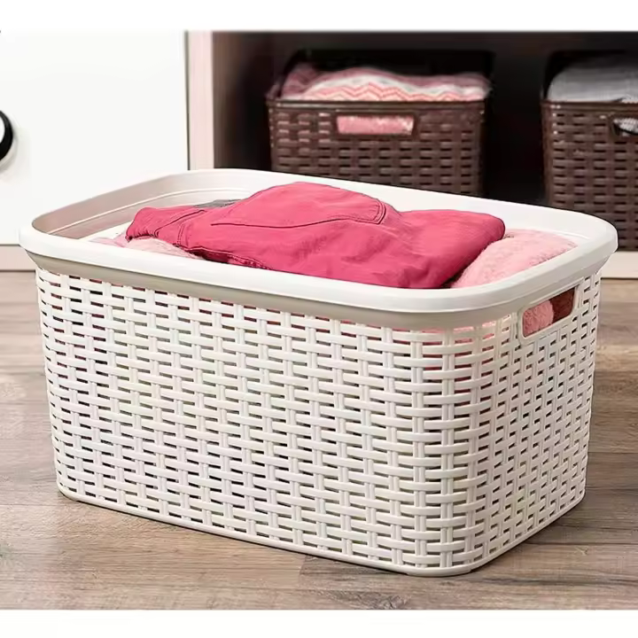 Cesta ropa, para la Colada Rectangular estilo Mimbre, Pongo todo de Plástico, Cesta para ropa, Capacidad de 35 Litros 53.5cm x 35.5cm x 26cm blanco o marron. - 1