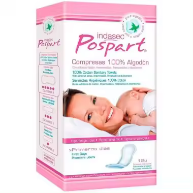 Compresa Tocológica Postpart de Algodón, 12 Uds. Indasec - 1
