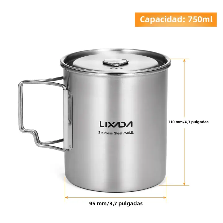 Lixada Taza De Acero Inoxidable 750ml Con Tapa Y Mango Plegable Portátil Para Camping Cocina Senderismo Picnic Uso Al Aire Libre - 1