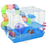 PawHut Jaula para Hámster 46x30x37 cm Casa para Hámster con Tubos Comedero Bebedero Rampa Rueda de Ejercicio y Asa Portátil para Interior y Exterior Azul y Blanco - details 0