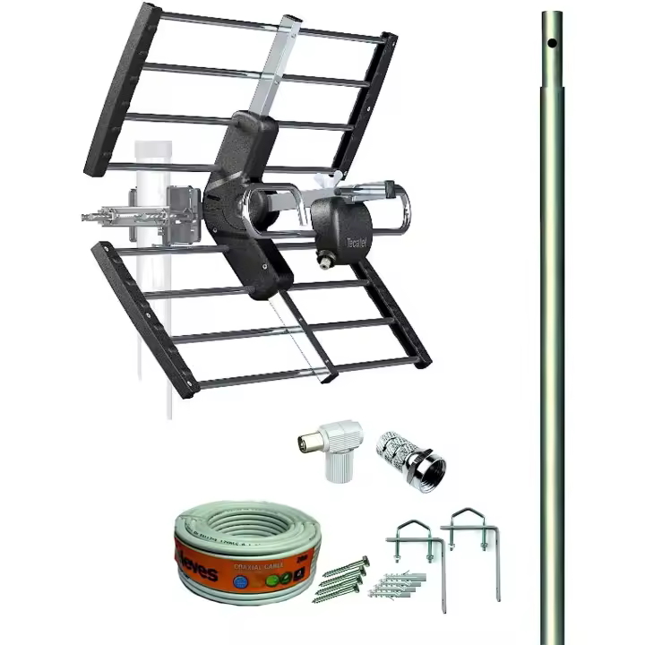 Tecatel Kit Antena TV MINIHD 5G 13db + MASTIL 1.2M + Cable 20M TELEVES + Conexiones + Garras Y Tacos para TDT en Camping y Caravana - 1