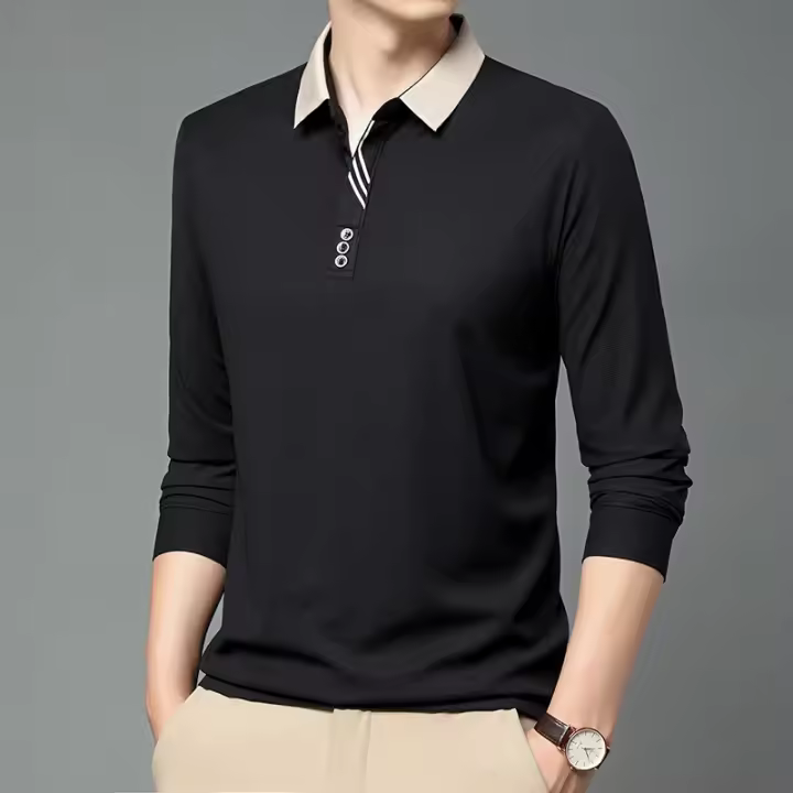 Camisa Polo Para Hombre De Color Sólido Casual Manga Larga Transpirable Cómoda Versátil Top Moda Negocios - 1