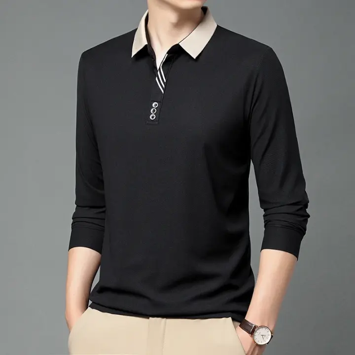 Camisa Polo Para Hombre De Color Sólido Casual Manga Larga Transpirable Cómoda Versátil Top Moda Negocios - 1