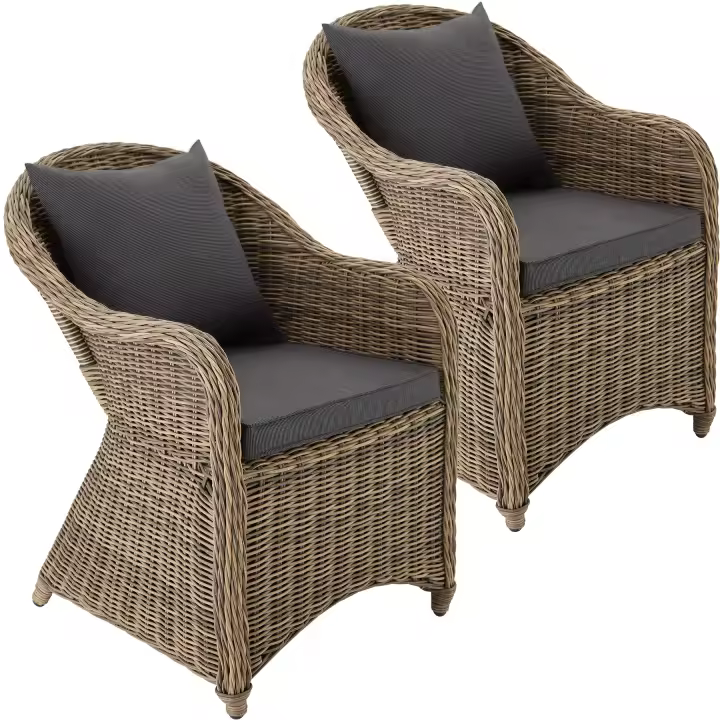 Tectake - Sillas de jardín lujosa de ratán y aluminio + 2 cojines, Estructura de aluminio y muy estable, Poliratán de aspecto totalmente natural, Funda de cojín extraíble y lavable (a mano) - 1