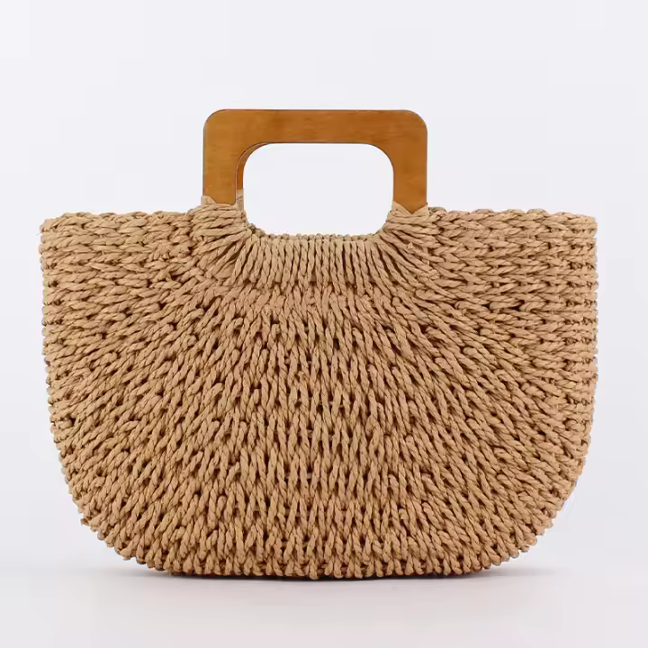MOV Bolso artesanal informal y sencillo con asa de madera, ideal para vacaciones de verano en la playa y viajes; bolso tejido con cuerda de papel; bolso tote de gran capacidad. - 1