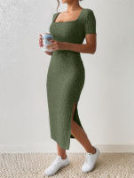 Vestido De Verano Para Mujer Con Cuello Cuadrado Y Falda De Medio Tamaño Vestido Corto Con Abertura Versátil De Poliéster Slim Fit - details 2