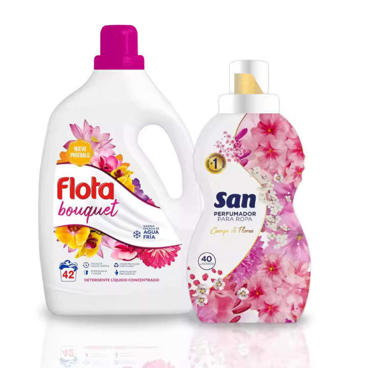 FLOTA Detergente Líquido para Lavadora  42 Lavados Bouquet + SAN Perfumador  Campo de Flores 40 Dosis - Ropa Blanca y de Color - Fragancia Duradera y Fresca- Antimanchas y Antiolores - 1
