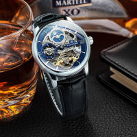 Reloj Mecánico Forsining De Lujo Con Esqueleto Y Tourbillon Para Hombres Con Correa De Cuero Genuino Zona Horaria Dual Fase De La Luna Resistente Al Agua Y Shock - details 2