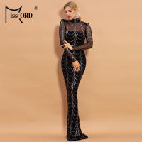 Vestido Largo De Noche Para Mujer Missord Con Lentejuelas Transparente Cuello Alto Manga Larga Elegante Bodycon Para Fiesta Y Bodas - details 6