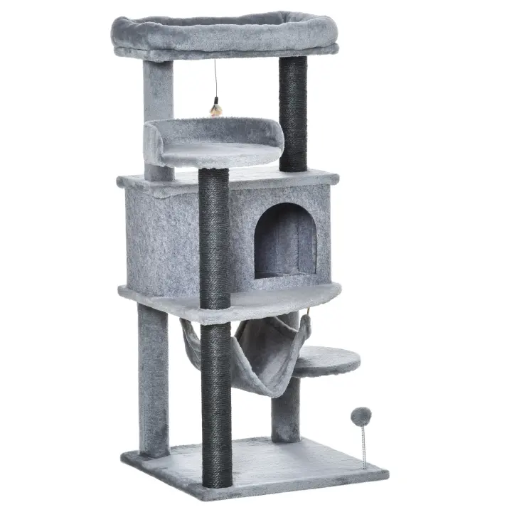 PawHut Árbol Rascador para Gatos 48x48x107 cm con Cueva de Fieltro Desmontable Hamaca Camas de Felpa Múltiples Plataformas Postes Rascadores de Sisal y Juguetes Gris - 1