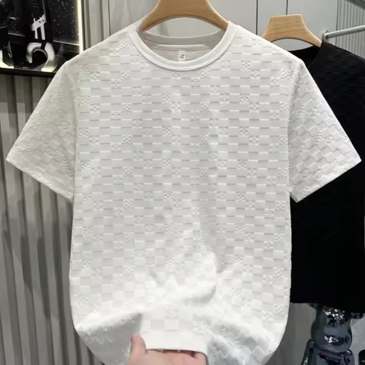 Camiseta De Hombre Elegante Y Lujosa a Cuadros Veraniega Con Mangas Cortas Estilo Casual Versátil De Terciopelo Suave Para Viajes - 1