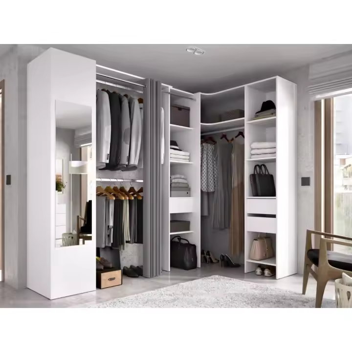 Vente-unique - Armario ropero de esquina con cortina y 1 puerta - Con espejo - L231 cm - Blanco y gris - BERTRAND - 1