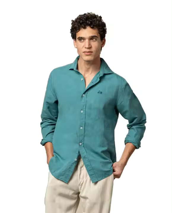 S24040356 Camisa De Hombre Scotta Lino Y Algodón De Corte Regular - Ocean - 1