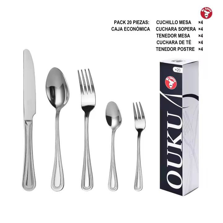 Mr.Spoon Serie Bola Juego 20, 30 o 36 piezas cubiertos,Acero Inoxidable 18/0,Plateado,Económico y funcional,Incluye cuchillo carne o mesa,tenedor,cuchara,cucharilla,etc.Mango monobloque,Apto para lavavajillas,Empaque ecológico,Para casa,hotel,restaurante - 1