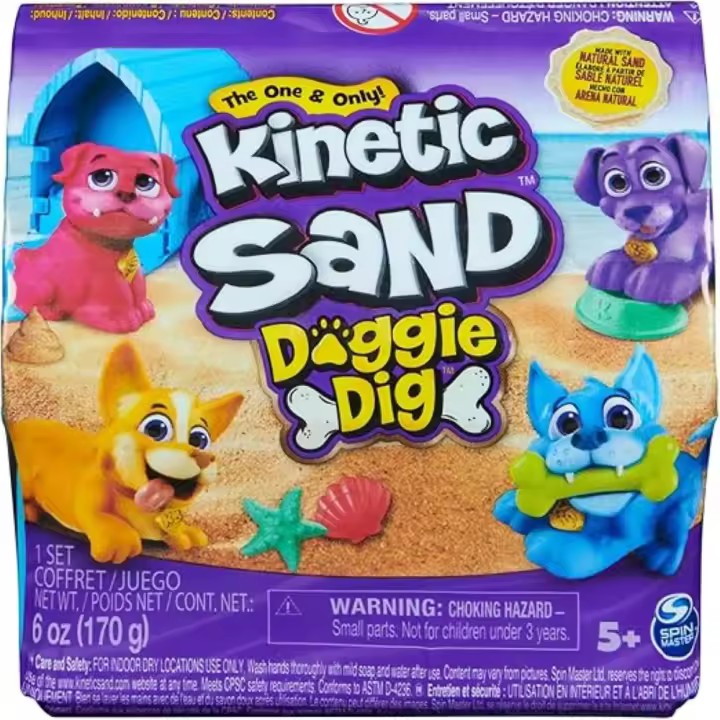 FAMOSA : Kinetic Sand - Caseta para perros – Con 170 g de arena mágica de playa - 1 figura de perro y accesorios para diversión creativa - Juguete Interactivo - Regalo Original - Edad recomendada mayores de 3 años - 1
