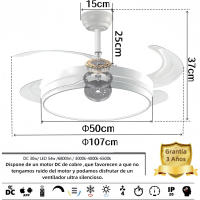 Ventilador de techo con luz de 84 W, ultra silencioso, invisible, con mando a distancia y aspas retráctiles, función verano-invierno, mando integrado blanco nieve Clase energética F iotostark-LEDUNI - details 1
