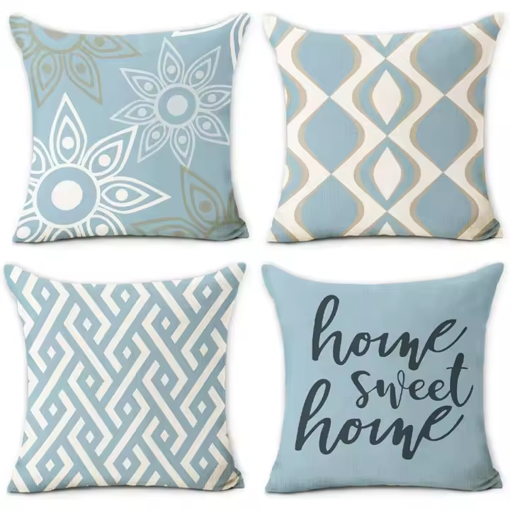 4piezas Juego de 4 fundas de almohada Decorativas para el hogar, 18.0X18. 0 in, color Azul, moderno, Geométrico, de Lino suave, fundas de Juego para Sofá, Sala de estar, patio, interior y exterior, decoración del Hogar - 1