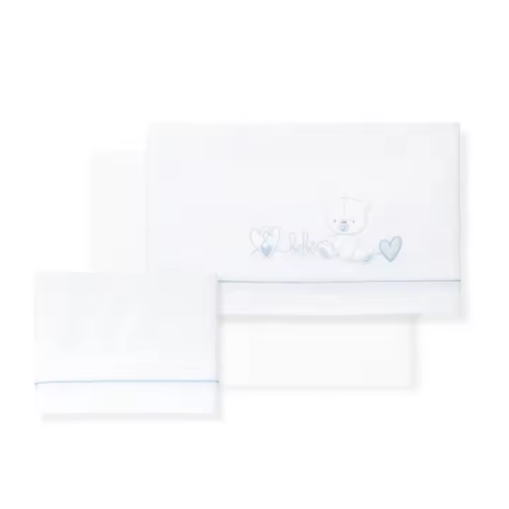 JOGO 3PCS CADEIRA PASSEIO(LENÇO106X72+LENÇO B.80X40X7+ALMOFADA38X25)ALGODÃO-MOD.CORAZON OSO-B/AZUL - 1
