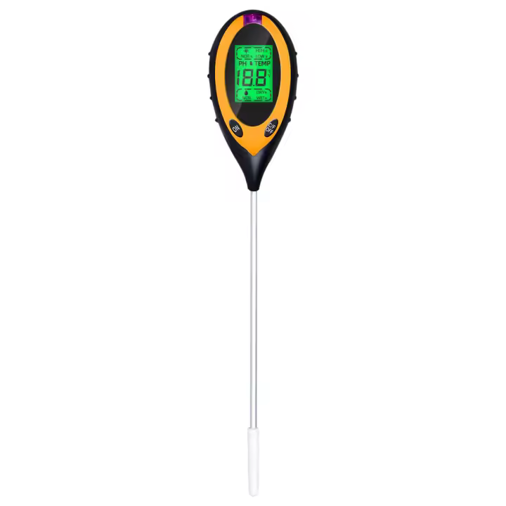 Medidor de pH del suelo, humedad del suelo/luz/pH/probador de temperatura, kits de herramientas de jardinería 4 en 1 para patio, batería incluida, amarillo - 1