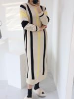 Vestido De Mujer REALEFT Otoño Invierno Grueso Vintage Rayado Suéter De Punto Manga Larga Cintura Alta Cuello Redondo Suéter De Moda Oficina Lady - details 3
