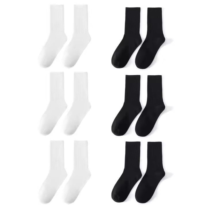 6 Pares De Calcetines De Tubo Medio Para Hombres Y Mujeres En Colores Sólidos Blanco Y Negro Absorbentes De Sudor Transpirables Y Casuales - 1