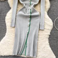 Vestido De Lana Elegante De Otoño Invierno Para Mujer Cintura Alta Botones Cuello Bajado Largo De Contraste Nuevo 2024 - details 7