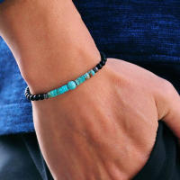 Pulsera Única Para Hombres Con Piedra De Ojo De Tigre 4mm Y Pequeñas Perlas Negras Onyx Pulsera Bohemia De Moda Sin Cierre - details 5