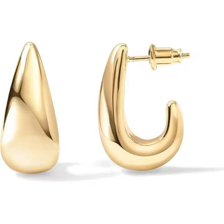 Pendientes Huggie Post Statement de Plata de Legislación en Oro 14K | Pendientes de Ano de Cúpula Dorada para Mujer - 1